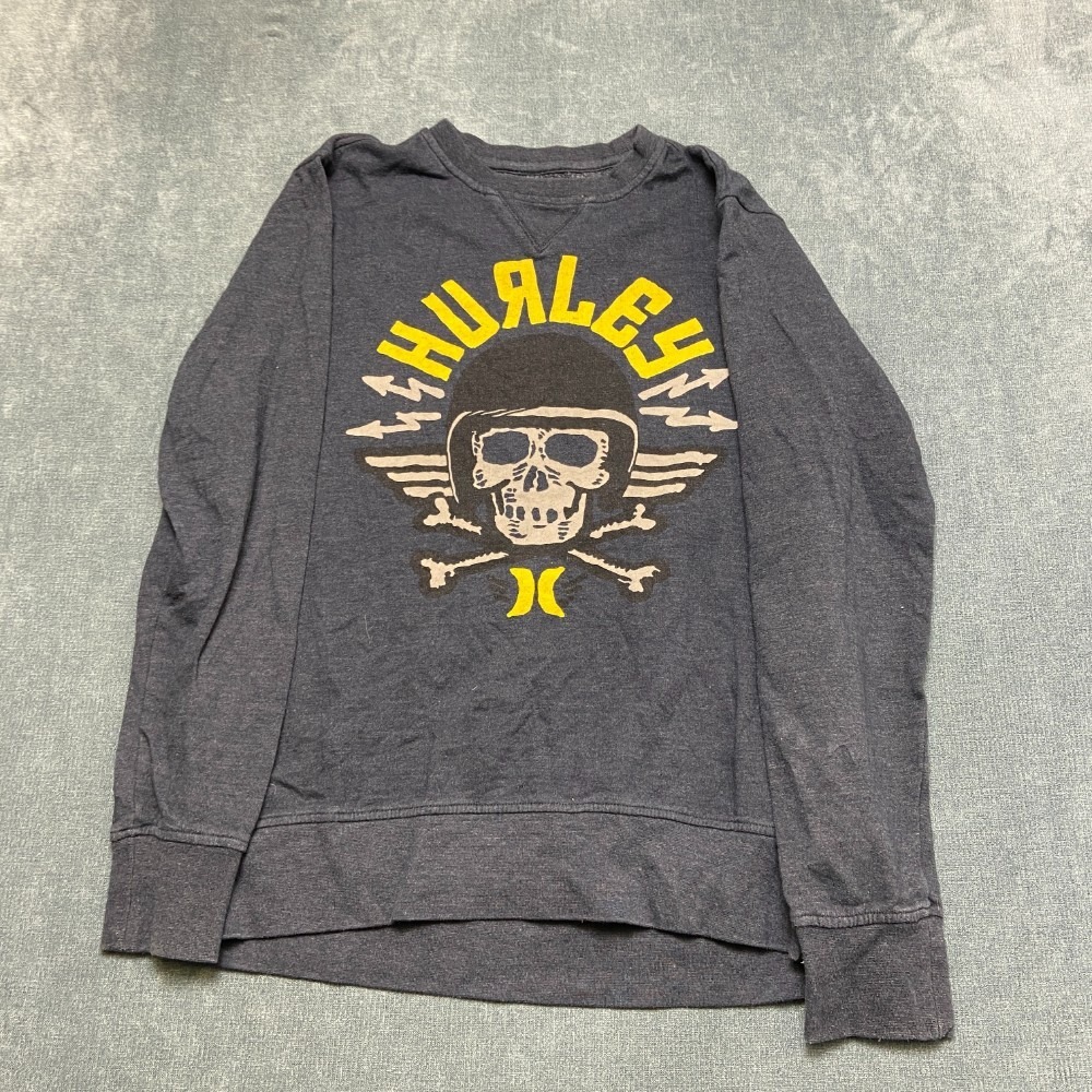 Hurley Sweatshirt Men L Navy Blue Skull Logo Fleece Lined Casual Crew Neck Cozy